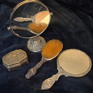 Vintage mix matched Vanity Set with 2 Mirrors, Brush trinket box